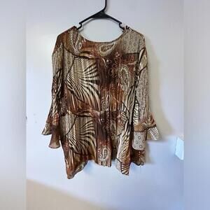 Maggie Barnes 2X brown floral blouse with bell sleeves